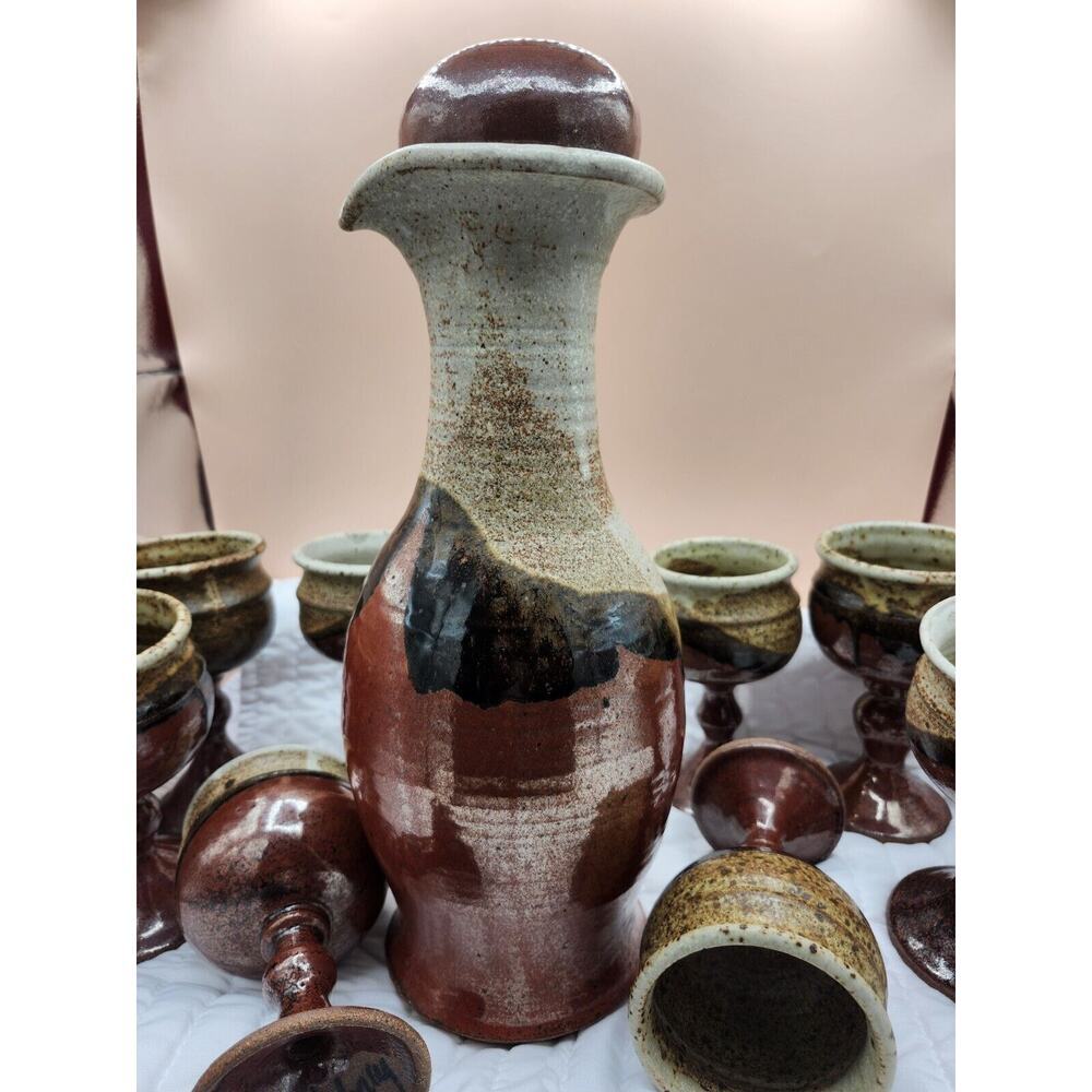 Vintage Handthrown Pottery Set Wine Goblets & Pitcher Drip Glaze Signed Barware